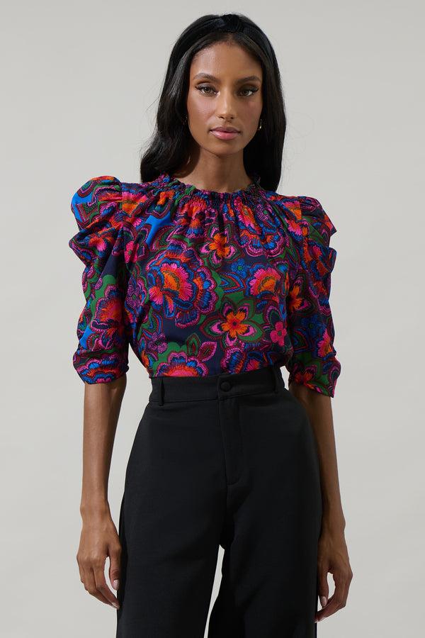 sugarlips Raveena Midnight Floral Drape Sleeve Top