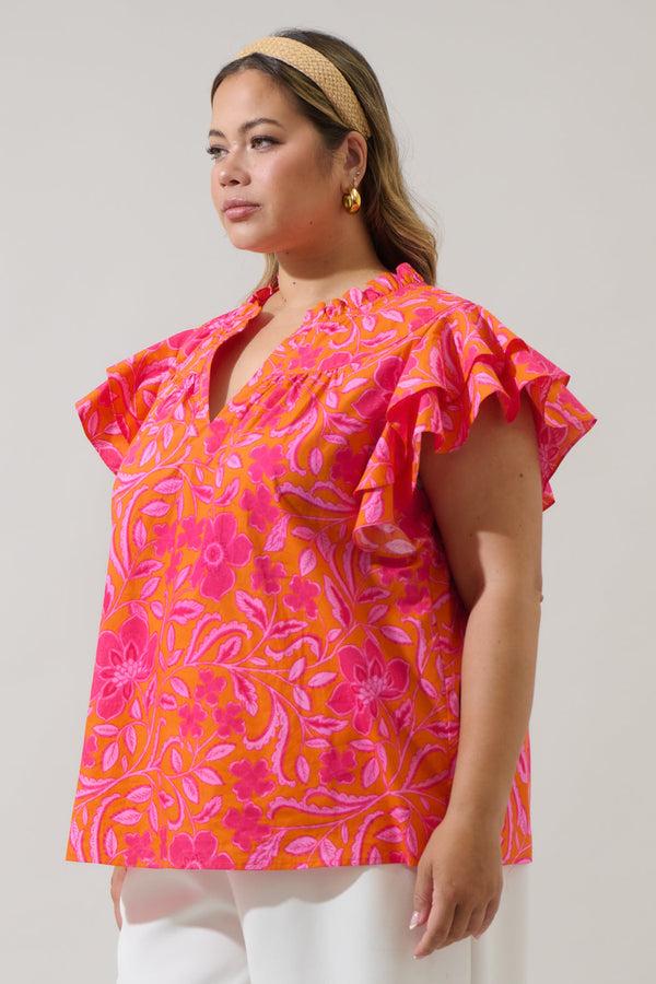 Sugarlips Rea Floral Emery Split Neck Top Curve