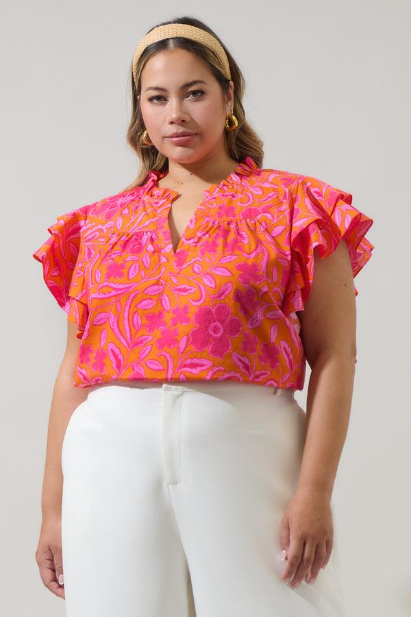 sugarlips Rea Floral Emery Split Neck Top Curve