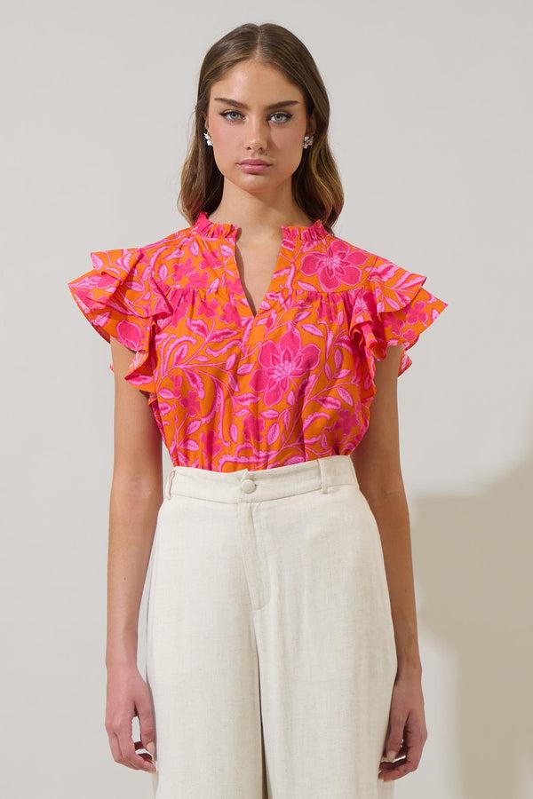 sugarlips Rea Floral Emery Split Neck Top