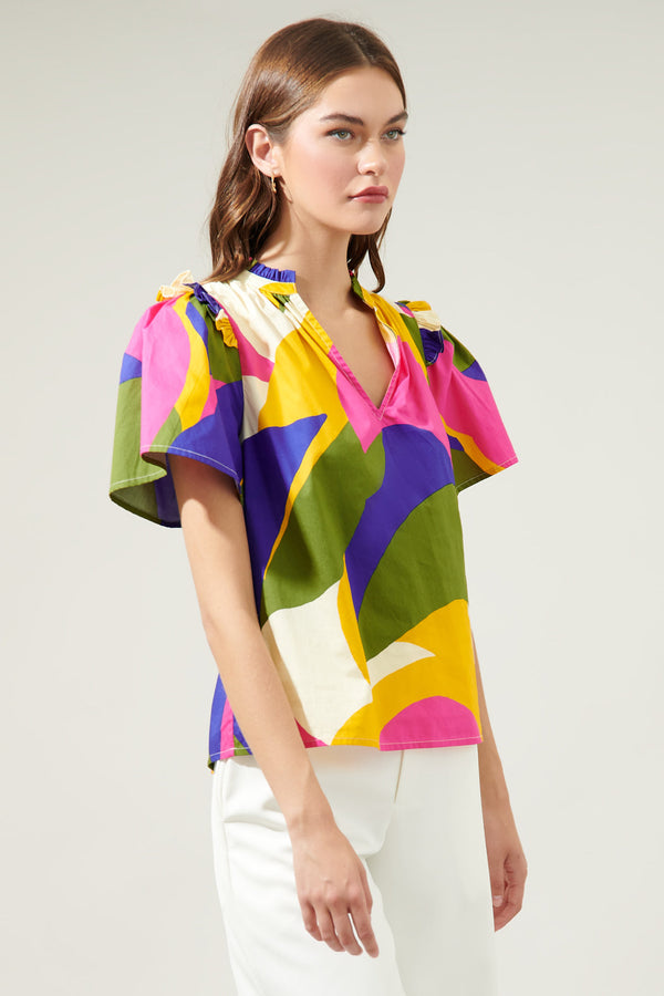 Sugarlips Rio Abstract Split Neck Poplin Top