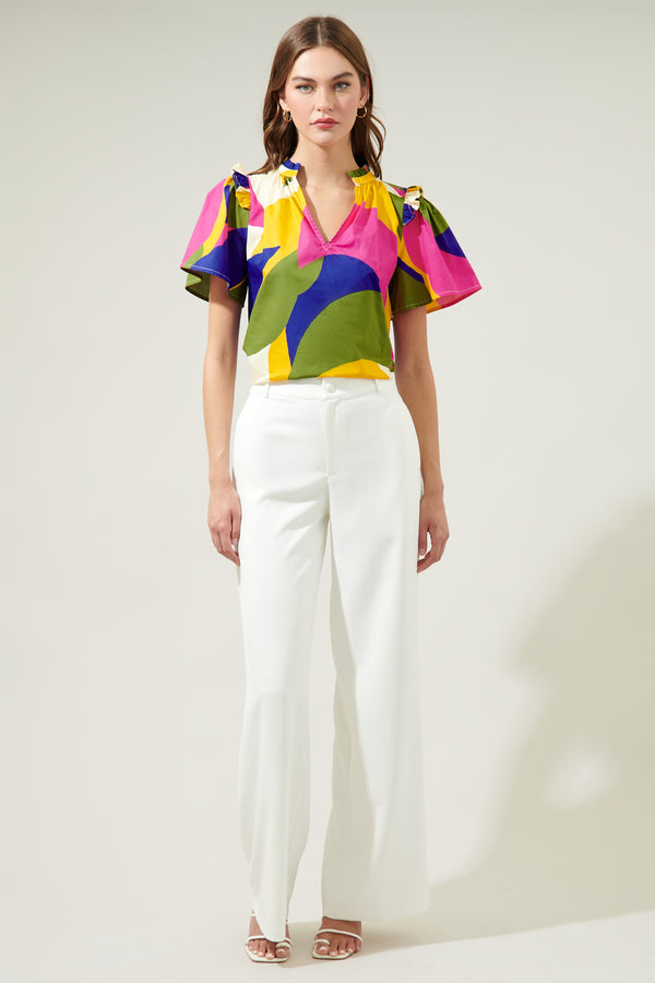 Sugarlips Rio Abstract Split Neck Poplin Top