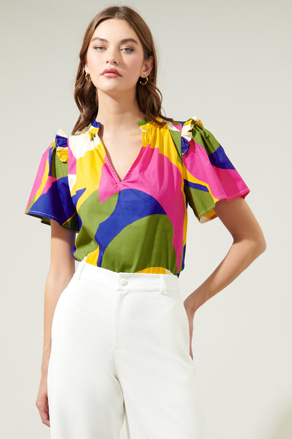 sugarlips Rio Abstract Split Neck Poplin Top