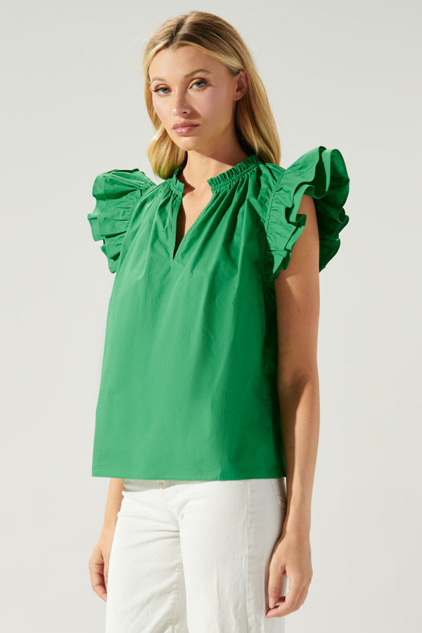 Sugarlips Risette Ruffle Cap Sleeve Split Neck Top