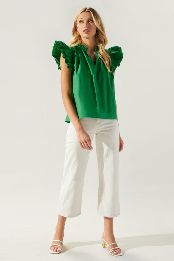 Sugarlips Risette Ruffle Cap Sleeve Split Neck Top