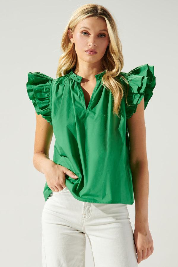 sugarlips Risette Ruffle Cap Sleeve Split Neck Top