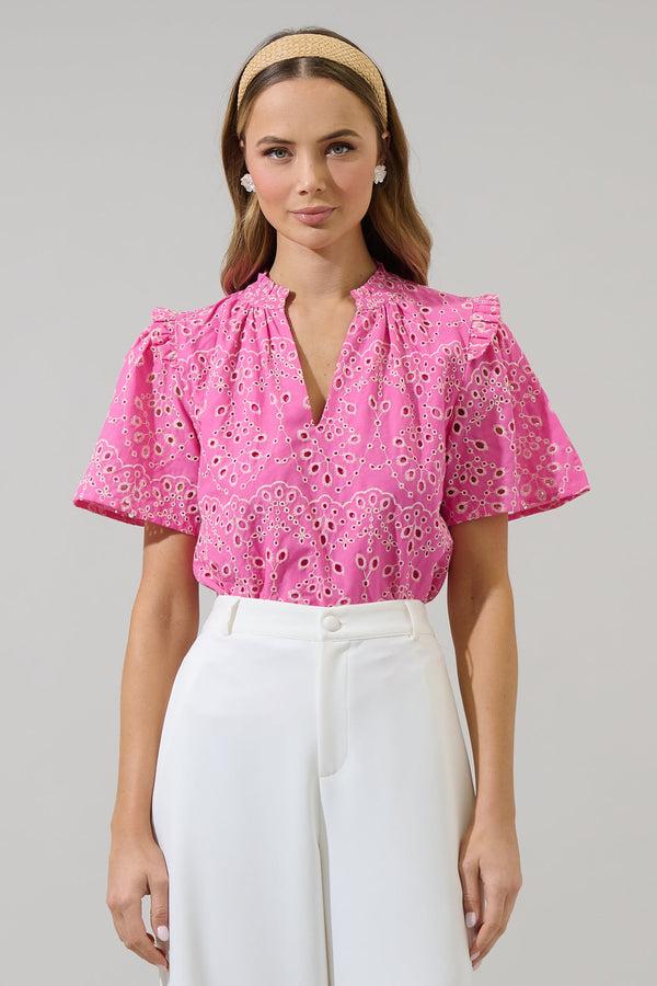 sugarlips Rosie Eyelet Mei Split Neck Top