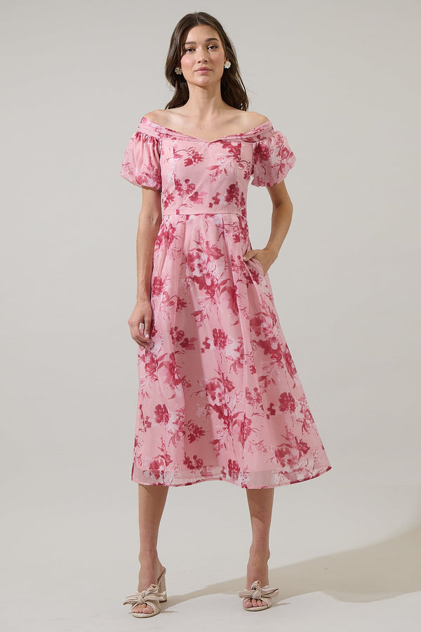 sugarlips Roya Floral Off the Shoulder Midi Dress