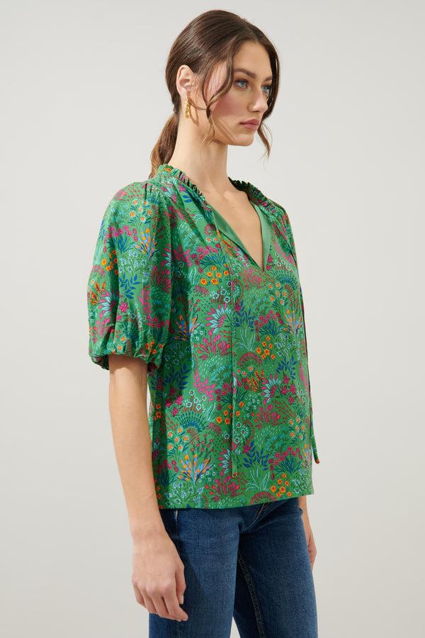 Sugarlips Ruya Floral Bluebay Puff Sleeve Blouse