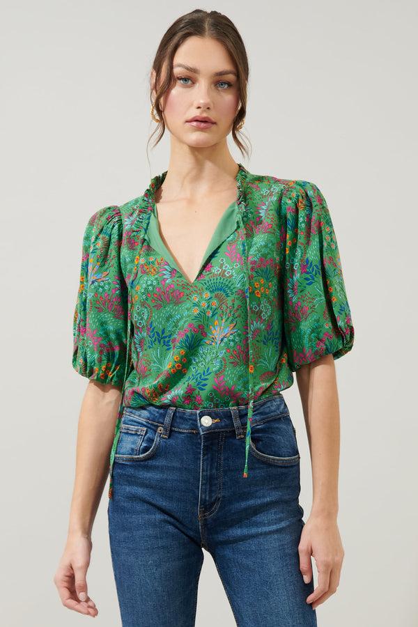 sugarlips Ruya Floral Bluebay Puff Sleeve Blouse