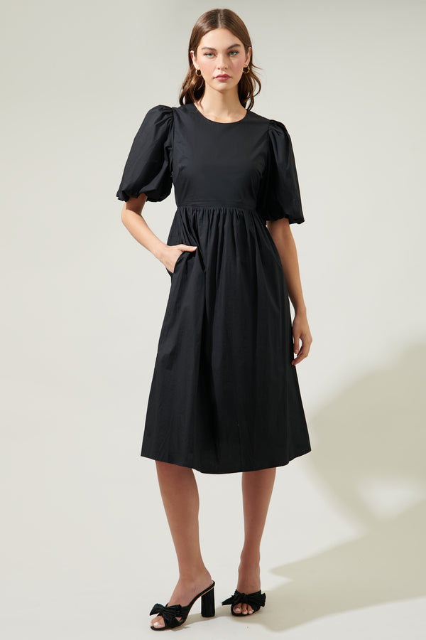 Sugarlips Rye Poplin Puff Sleeve Midi Dress