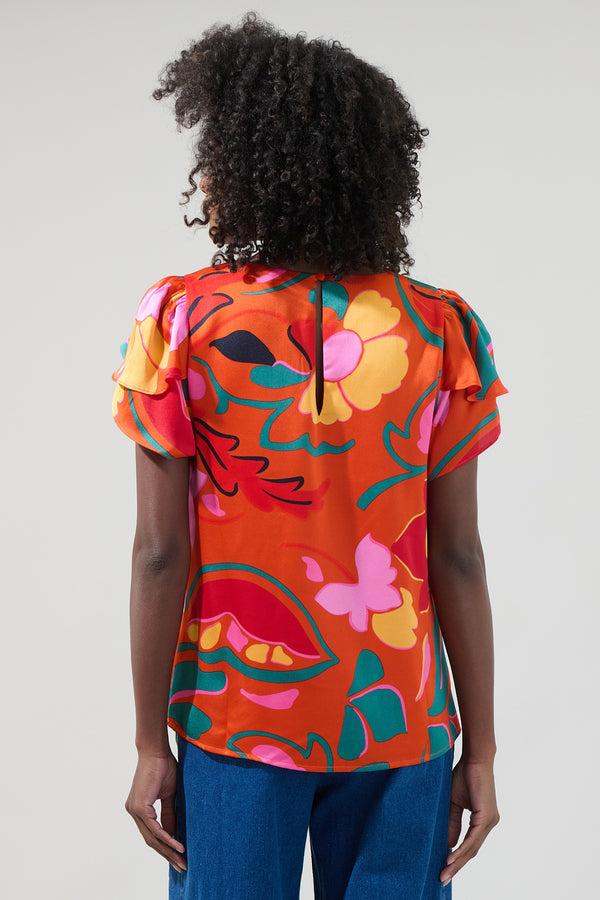 Sugarlips Serene Floral Deja Satin Ruffle Blouse