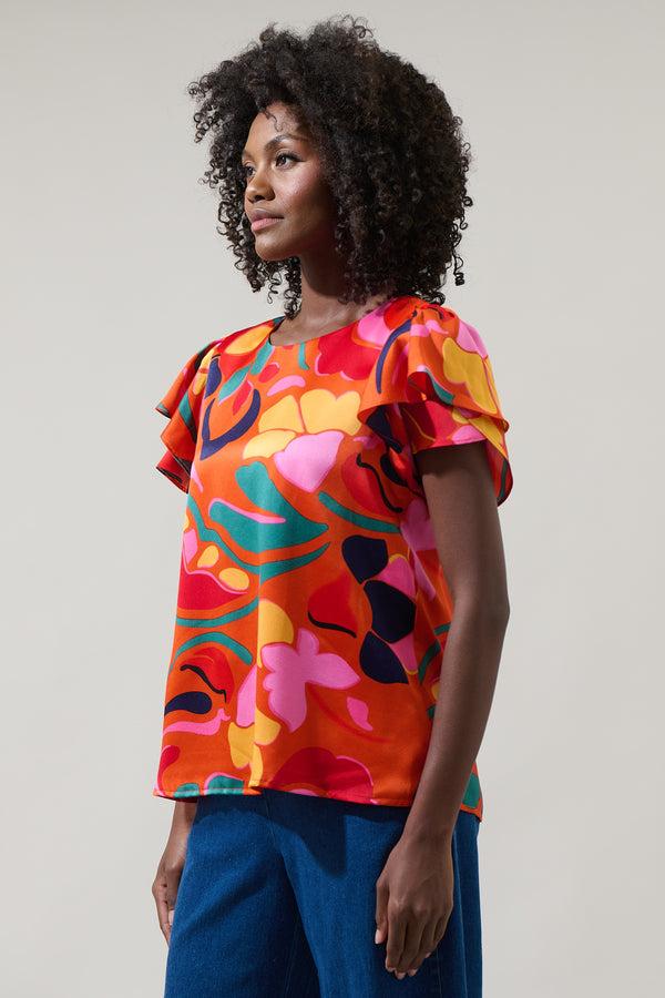 Sugarlips Serene Floral Deja Satin Ruffle Blouse