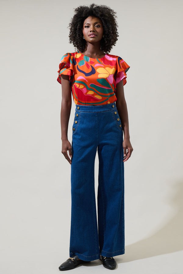 Sugarlips Serene Floral Deja Satin Ruffle Blouse