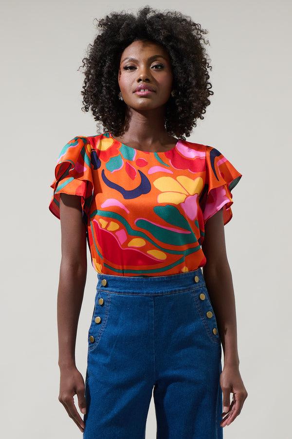 sugarlips Serene Floral Deja Satin Ruffle Blouse