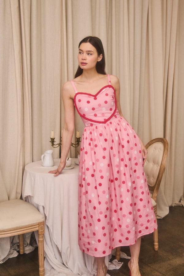 sugarlips Serry Polka Dot Heart Smocked Midi Dress