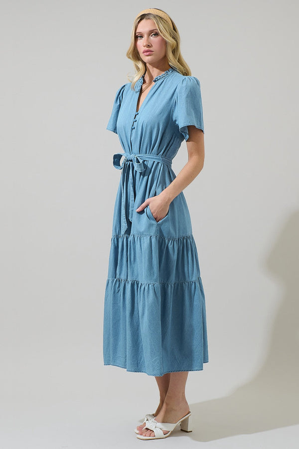 Sugarlips Skylah Chambray Britt Tiered Midi Dress
