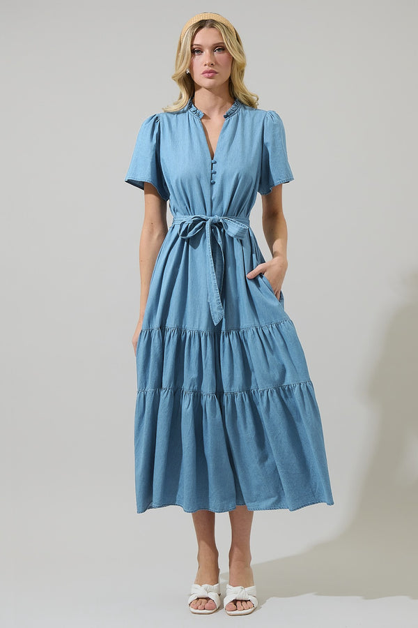 sugarlips Skylah Chambray Britt Tiered Midi Dress