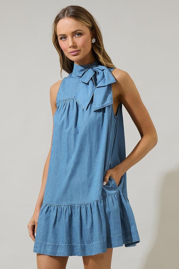 Sugarlips Skylah Denim Albie Bow Mini Dress
