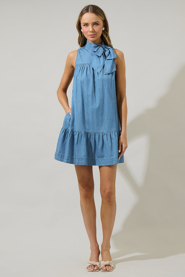 Sugarlips Skylah Denim Albie Bow Mini Dress