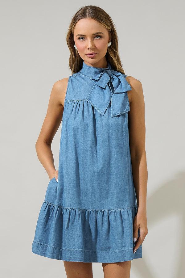 sugarlips Skylah Denim Albie Bow Mini Dress