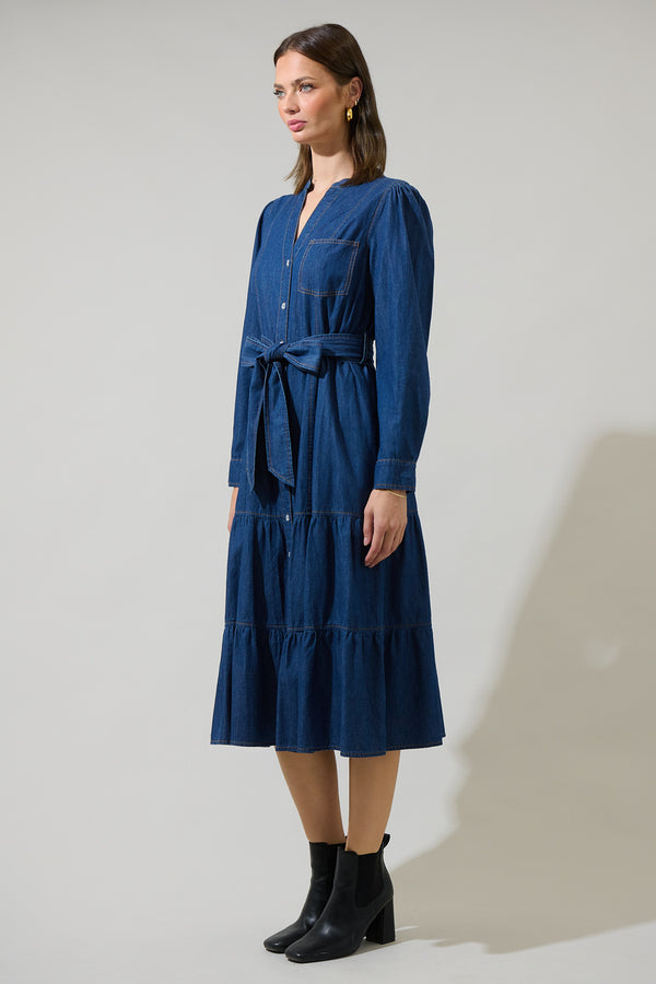 Sugarlips Skylah Denim Tiered Midi Dress