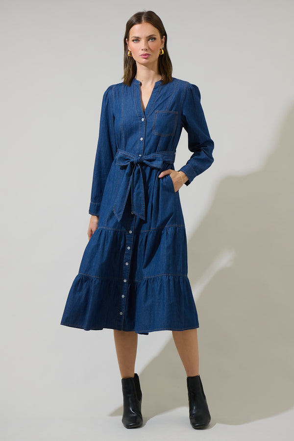 sugarlips Skylah Denim Tiered Midi Dress
