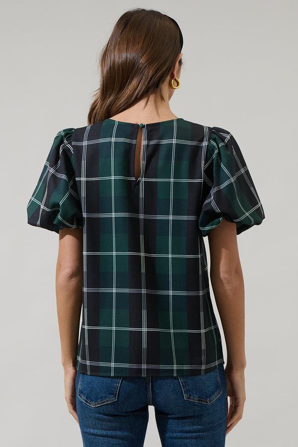Sugarlips Sweet Beyond Plaid Puff Sleeve Blouse