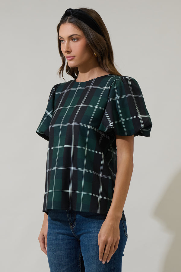 Sugarlips Sweet Beyond Plaid Puff Sleeve Blouse