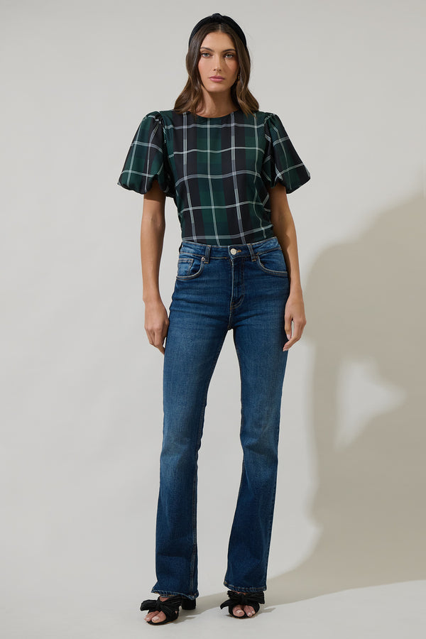 Sugarlips Sweet Beyond Plaid Puff Sleeve Blouse