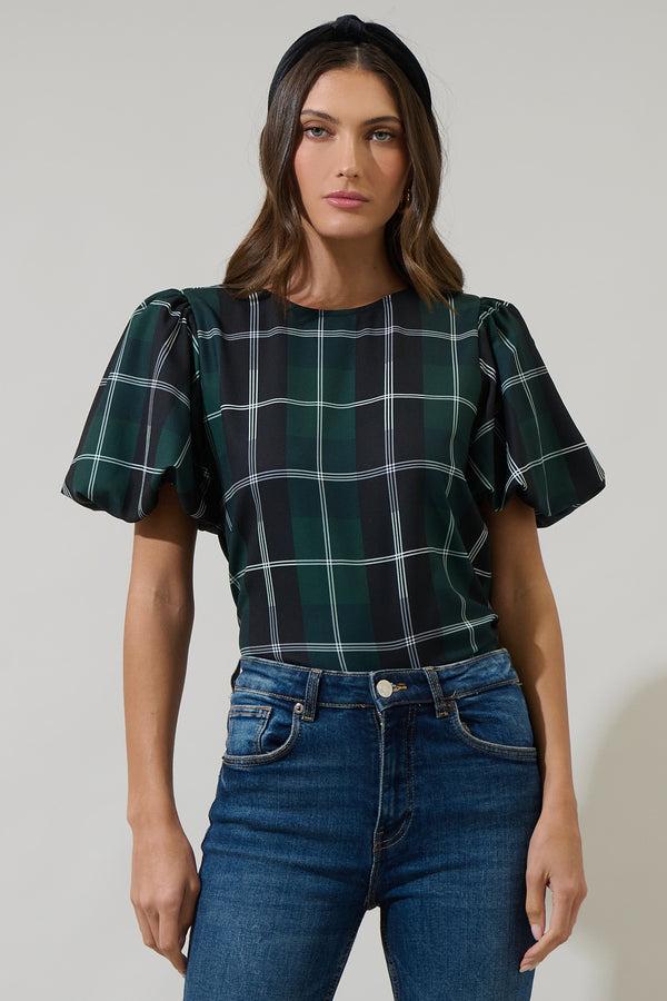 sugarlips Sweet Beyond Plaid Puff Sleeve Blouse