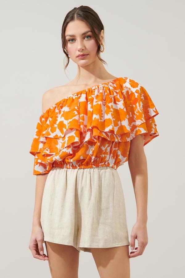 Sugarlips Tangelo Charmer One Shoulder Ruffle Top
