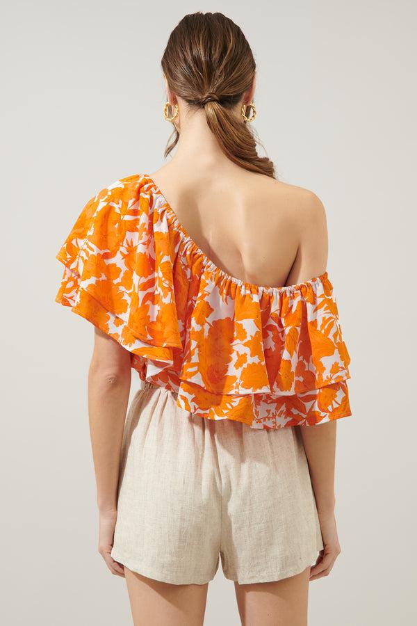 Sugarlips Tangelo Charmer One Shoulder Ruffle Top