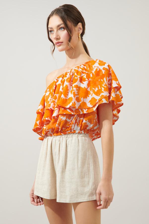 Sugarlips Tangelo Charmer One Shoulder Ruffle Top