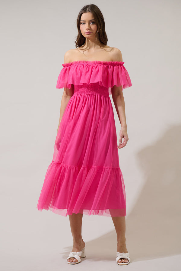 sugarlips Trace Tulle Off the Shoulder Midi Dress