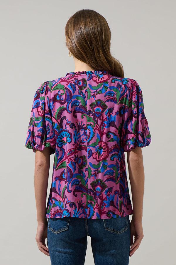 Sugarlips Valier Floral Bluebay Puff Sleeve Blouse
