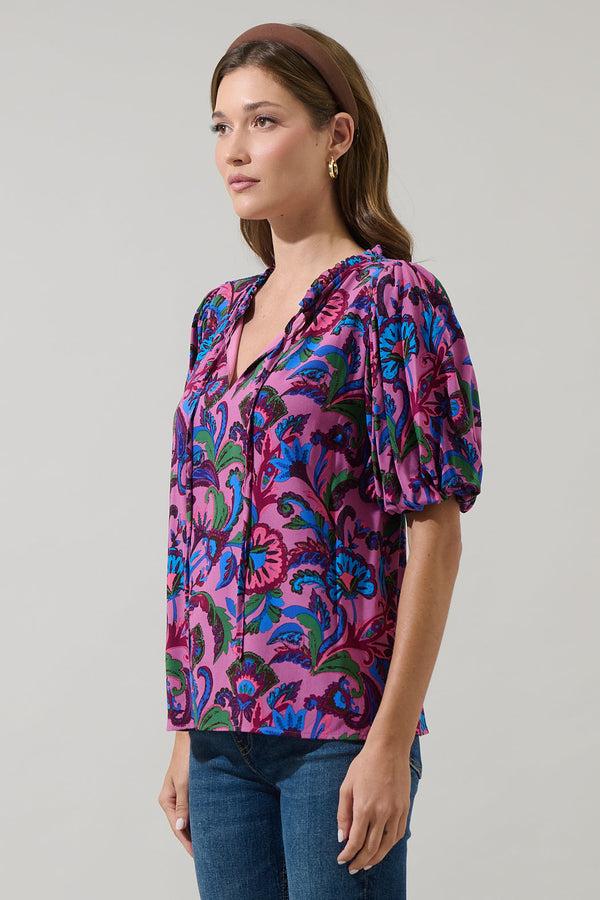Sugarlips Valier Floral Bluebay Puff Sleeve Blouse