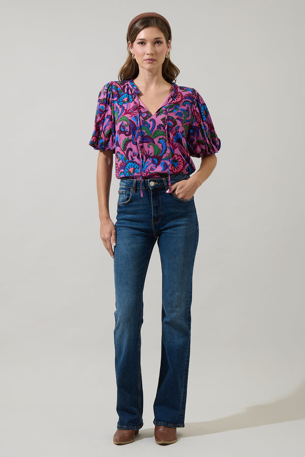Sugarlips Valier Floral Bluebay Puff Sleeve Blouse