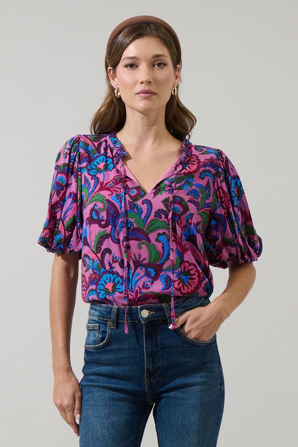 sugarlips Valier Floral Bluebay Puff Sleeve Blouse