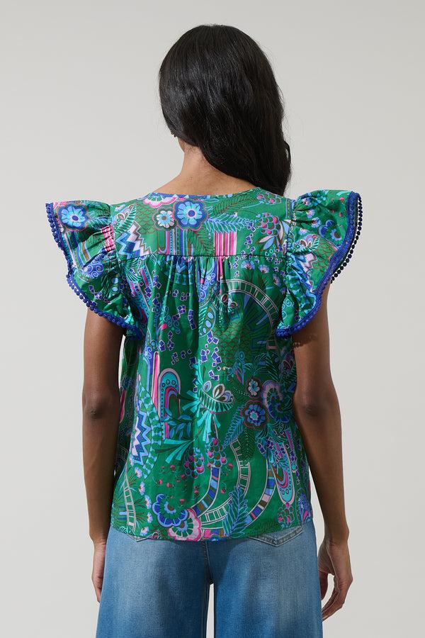 Sugarlips Vesper Geo Carya Ruffle Poplin Top