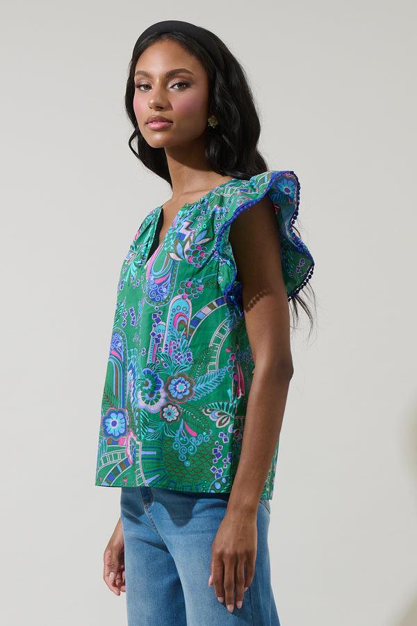 Sugarlips Vesper Geo Carya Ruffle Poplin Top