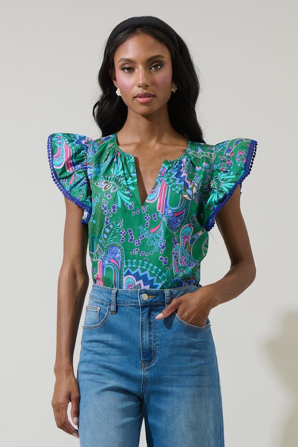 sugarlips Vesper Geo Carya Ruffle Poplin Top
