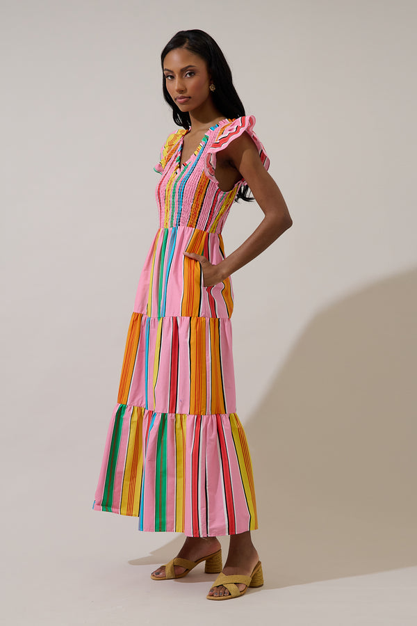 Sugarlips Viya Stripe Sunfire Tiered Midi Dress
