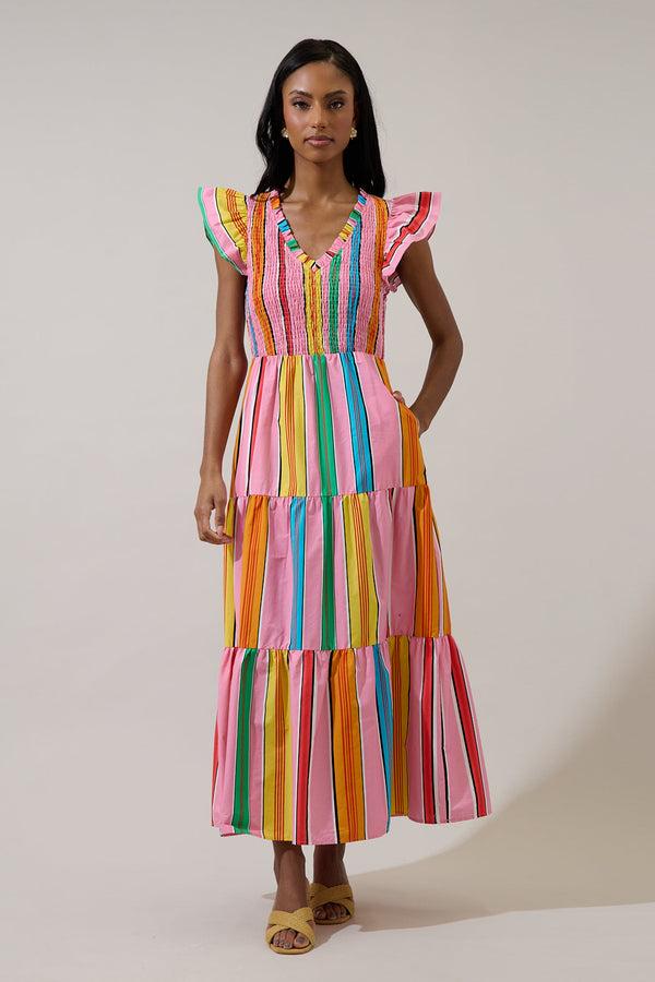 sugarlips Viya Stripe Sunfire Tiered Midi Dress