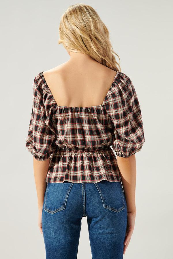 Sugarlips Woodby Plaid Puff Sleeve Peplum Top