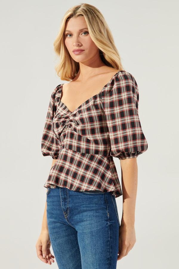 Sugarlips Woodby Plaid Puff Sleeve Peplum Top