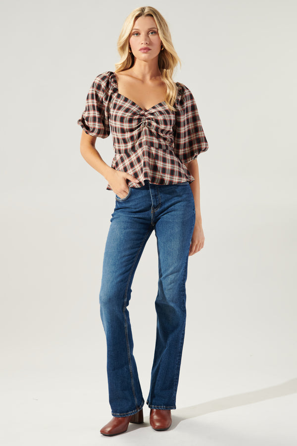 Sugarlips Woodby Plaid Puff Sleeve Peplum Top
