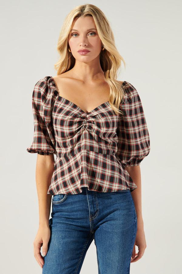sugarlips Woodby Plaid Puff Sleeve Peplum Top