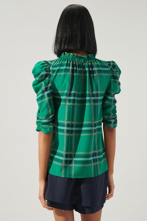 Sugarlips Woodland Jade Plaid Drape Sleeve Top