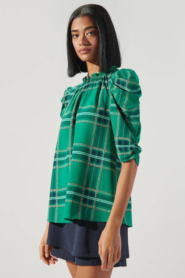 Sugarlips Woodland Jade Plaid Drape Sleeve Top